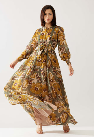 Olive And Mustard Floral Long Dress by Koai available on Indiaspopup.com