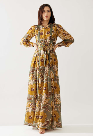 Olive And Mustard Floral Long Dress by Koai available on Indiaspopup.com