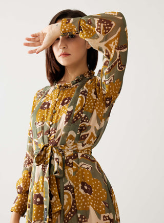 Olive And Mustard Floral Long Dress by Koai available on Indiaspopup.com