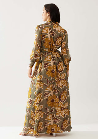 Olive And Mustard Floral Long Dress by Koai available on Indiaspopup.com