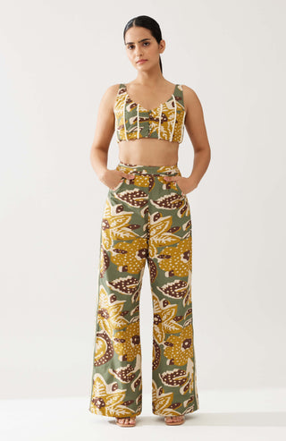 Olive and mustard floral bustier and pants