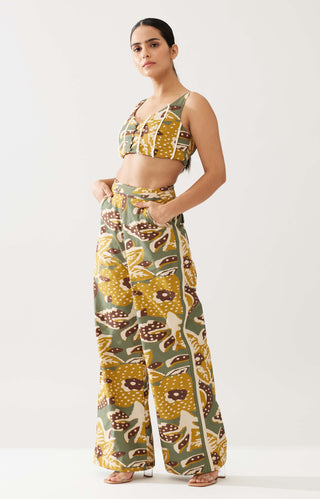 Olive and mustard floral bustier and pants