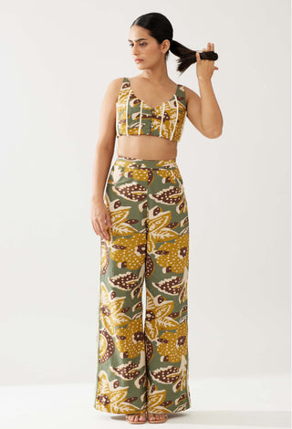 Olive and mustard floral bustier and pants