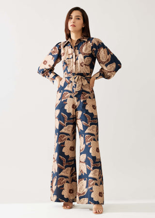 Dark Blue And Beige Floral Jumpsuit by Koai available on Indiaspopup.com