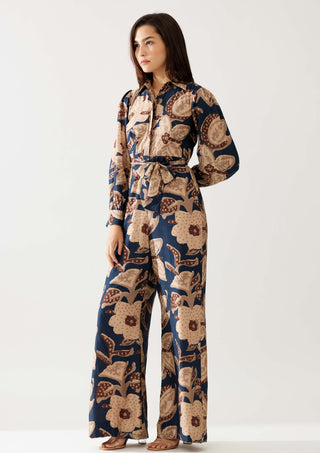 Dark blue and beige floral jumpsuit