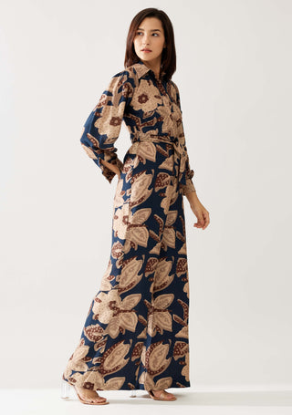 Dark Blue And Beige Floral Jumpsuit by Koai available on Indiaspopup.com