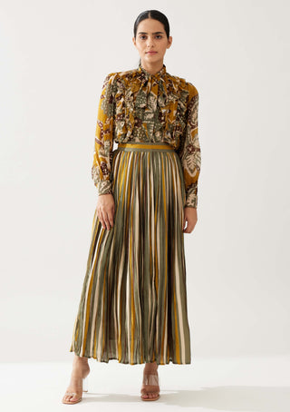 Mustard and olive floral frill top and skirt