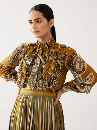 Mustard and olive floral frill top and skirt