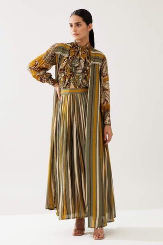 Mustard And Olive Stripe Sleeveless Cape by Koai available on Indiaspopup.com