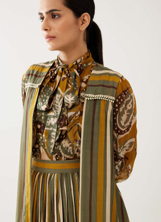 Mustard And Olive Stripe Sleeveless Cape by Koai available on Indiaspopup.com