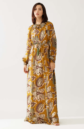 Mustard And Olive Floral Kaftan Dress by Koai available on Indiaspopup.com