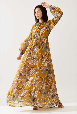 Mustard And Olive Floral Kaftan Dress by Koai available on Indiaspopup.com