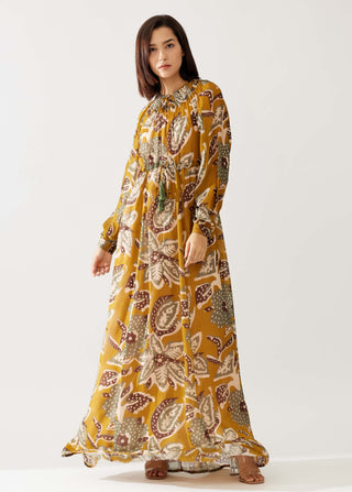 Mustard and olive floral kaftan dress