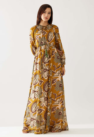 Mustard And Olive Floral Kaftan Dress by Koai available on Indiaspopup.com