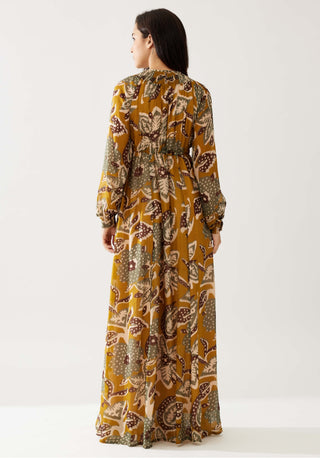 Mustard And Olive Floral Kaftan Dress by Koai available on Indiaspopup.com