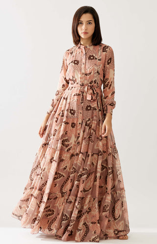 Peach And Cream Floral Long Shirt Dress by Koai available on Indiaspopup.com