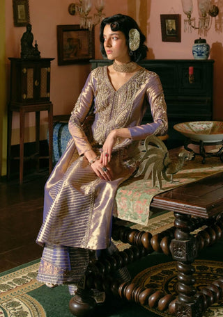 Purple Silk Zari Tissue Anarkali And Sharara Set by Aditi Gupta available on Indiaspopup.com