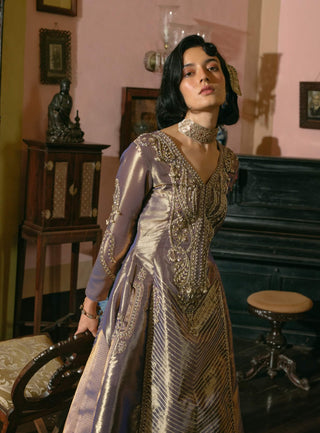 Purple Silk Zari Tissue Anarkali And Sharara Set by Aditi Gupta available on Indiaspopup.com