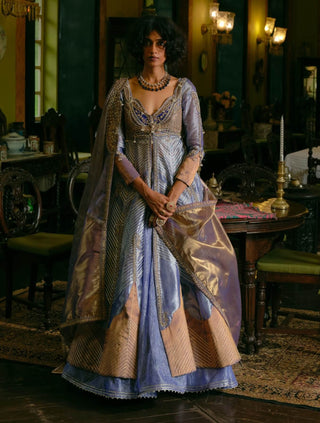 Blue Silk Zari Tissue Jacket And Skirt Set by Aditi Gupta available on Indiaspopup.com