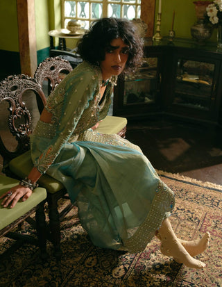 Turquoise Silk Draped Skirt And Jacket Set by Aditi Gupta available on Indiaspopup.com