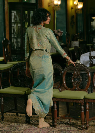 Turquoise Silk Draped Skirt And Jacket Set by Aditi Gupta available on Indiaspopup.com