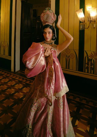 Pink Silk Zari Tissue Lehenga Set by Aditi Gupta available on Indiaspopup.com