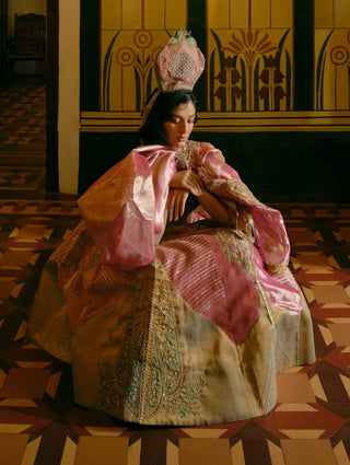 Pink Silk Zari Tissue Lehenga Set by Aditi Gupta available on Indiaspopup.com