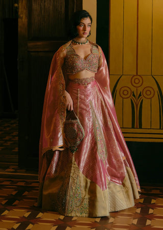 Pink Silk Zari Tissue Lehenga Set by Aditi Gupta available on Indiaspopup.com