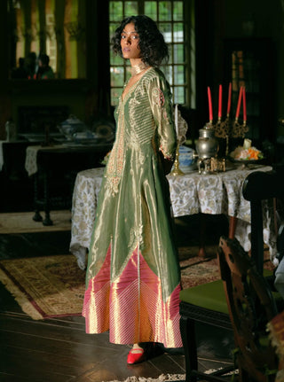 Emerald green tissue anarkali and dupatta