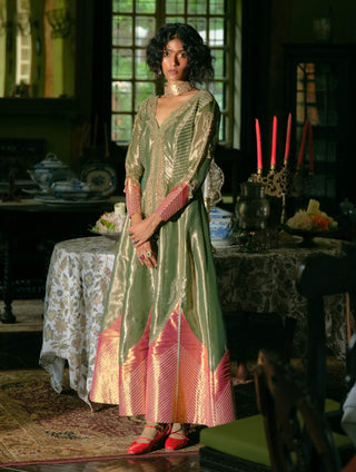 Emerald green tissue anarkali and dupatta