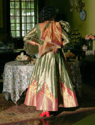 Emerald green tissue anarkali and dupatta