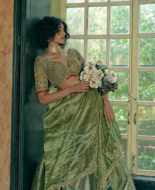 Emerald Green Silk Zari Tissue Lehenga Set by Aditi Gupta available on Indiaspopup.com