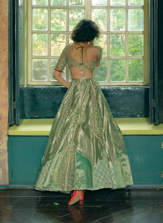 Emerald Green Silk Zari Tissue Lehenga Set by Aditi Gupta available on Indiaspopup.com