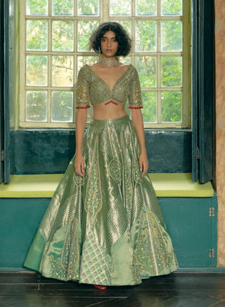 Emerald Green Silk Zari Tissue Lehenga Set by Aditi Gupta available on Indiaspopup.com