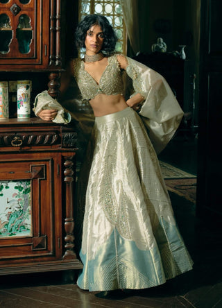 Pearl Gold Silk Zari Tissue Lehenga Set by Aditi Gupta available on Indiaspopup.com