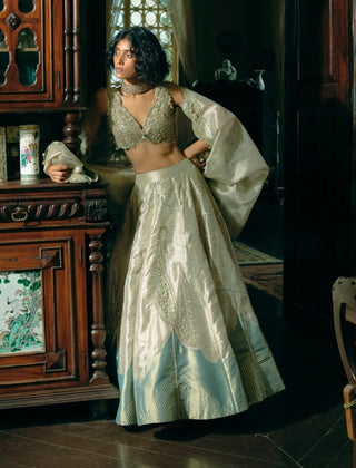 Pearl Gold Silk Zari Tissue Lehenga Set by Aditi Gupta available on Indiaspopup.com