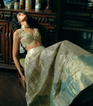 Pearl Gold Silk Zari Tissue Lehenga Set by Aditi Gupta available on Indiaspopup.com