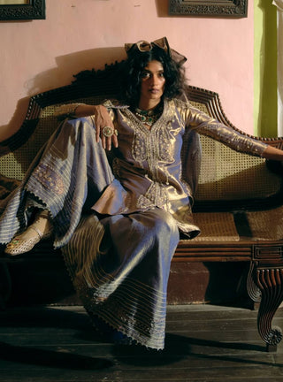 Purple Silk Zari Tissue Kurta And Sharara Set by Aditi Gupta available on Indiaspopup.com