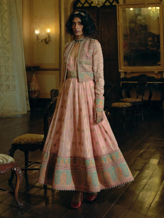 Pink banarsi anarkali and cropped jacket set