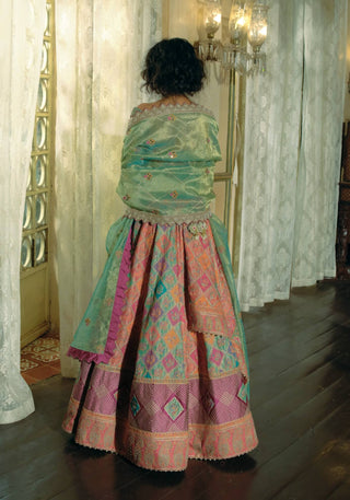 Coral And Firozi Checkered Lehenga Set by Aditi Gupta available on Indiaspopup.com