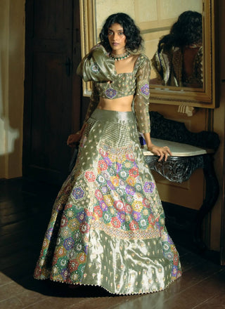 Gray silk zari tissue lehenga set