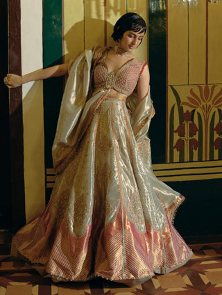 Rose Gold Silk Zari Tissue Lehenga Set by Aditi Gupta available on Indiaspopup.com