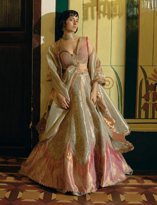 Rose Gold Silk Zari Tissue Lehenga Set by Aditi Gupta available on Indiaspopup.com