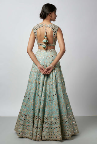 Sama Powder Blue Mirror Lehenga Set by Gopi Vaid available on Indiaspopup