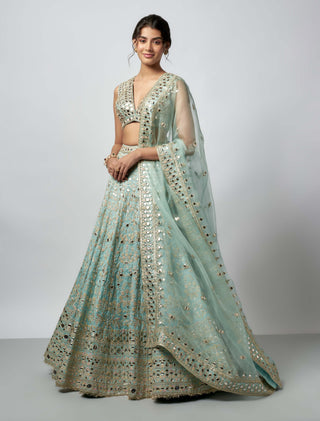 Sama Powder Blue Mirror Lehenga Set by Gopi Vaid available on Indiaspopup