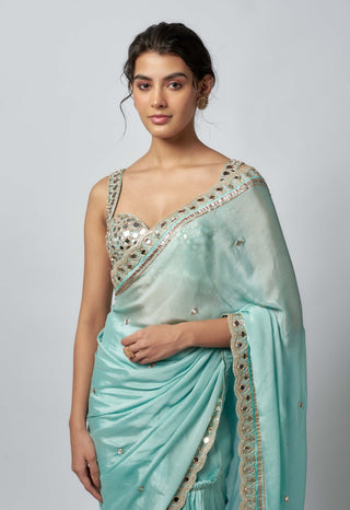 Anusha Blue Pleated Sari And Blouse by Gopi Vaid available on Indiaspopup