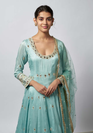 Fahar Powder Blue Anarkali Set by Gopi Vaid available on Indiaspopup