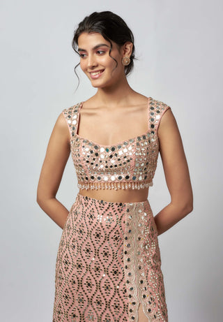 Madhulika Pink Mirror Skirt And Blouse by Gopi Vaid available on Indiaspopup