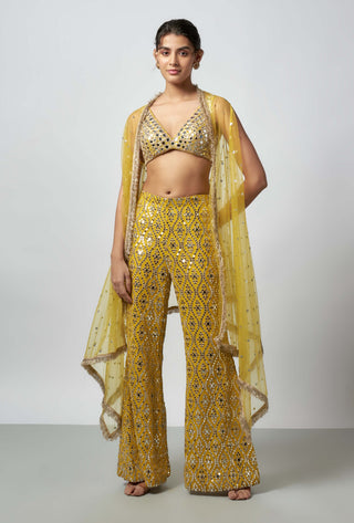 Ahsaas Yellow Flared Pant And Cape Set by Gopi Vaid available on Indiaspopup