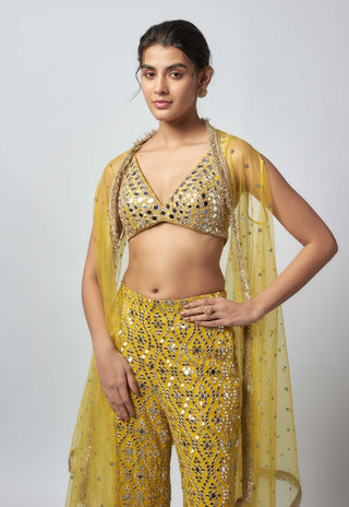 Ahsaas yellow flared pant and cape set